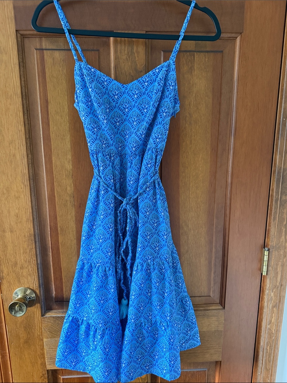 Vineyard Vines Blue Printed Spaghetti-Strap Dress with Tassel Belt